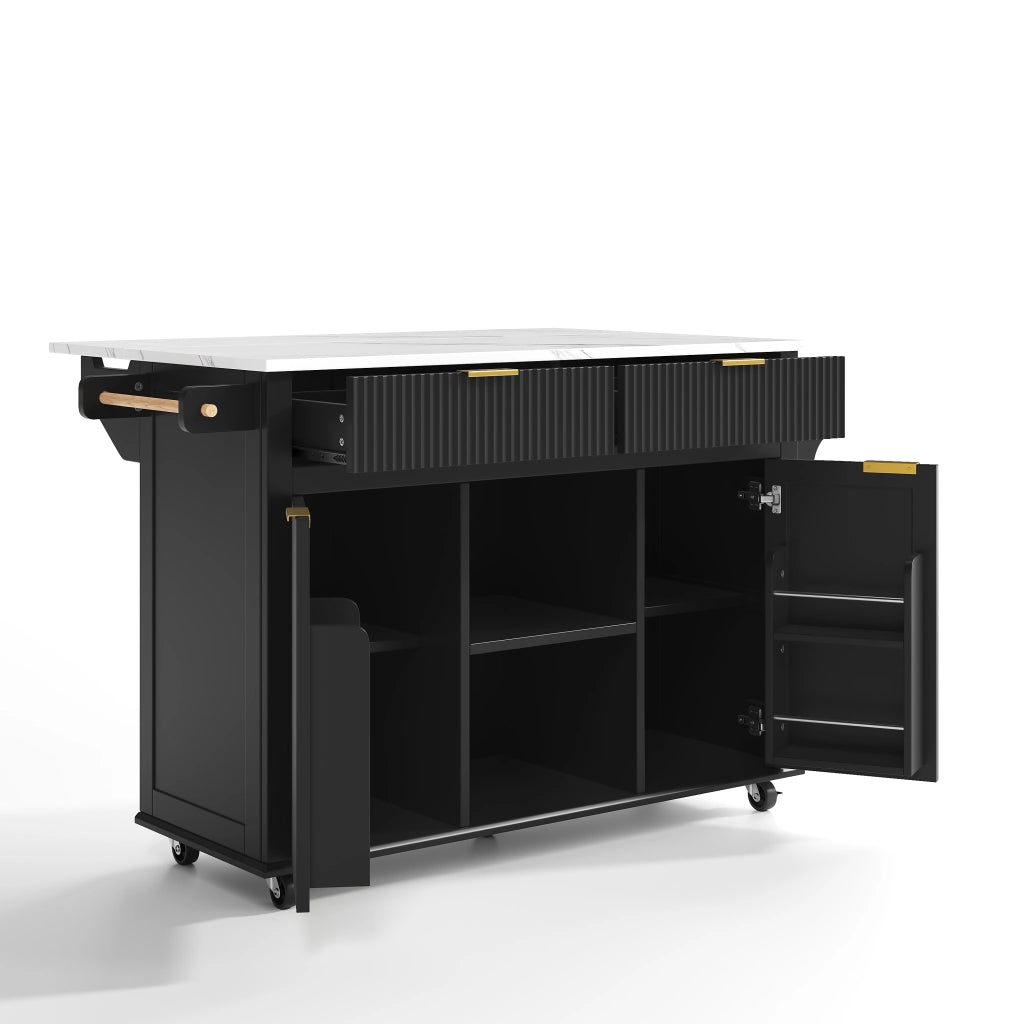 Isola da cucina su ruote 143 x 45/69 cm con piano ribaltabile, 2 cassetti, 2 ante e porta-spezie, finitura Nero/Naturale