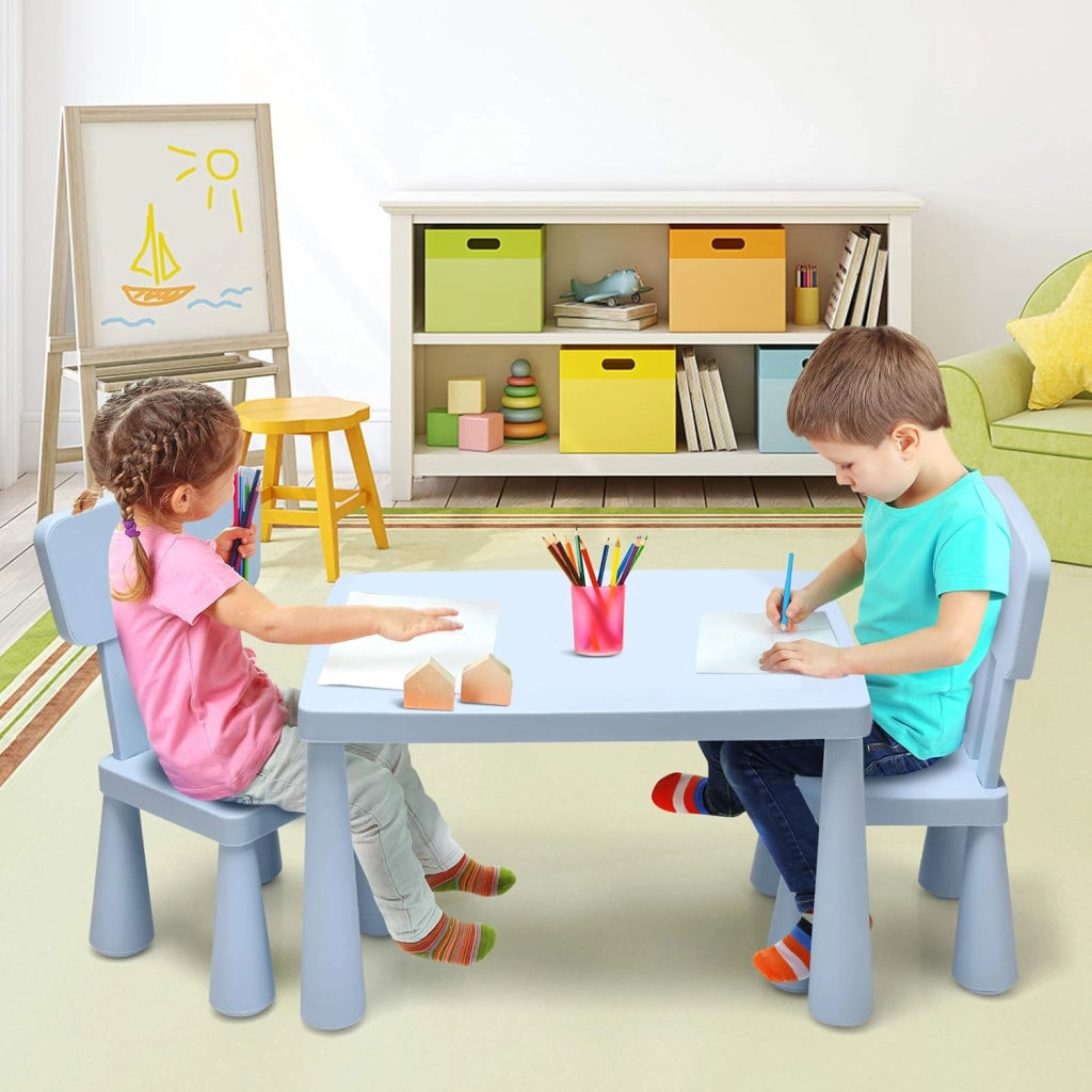 Set Tavolo e Sedie per Bambini 1-7 Anni, 2 Sedie Ergonomiche con Schienale, Materiale PP Atossico e Inodore, Angoli Arrotondati, Adatto per Giocare, Disegnare e Leggere, Portata 50kg (Blu)