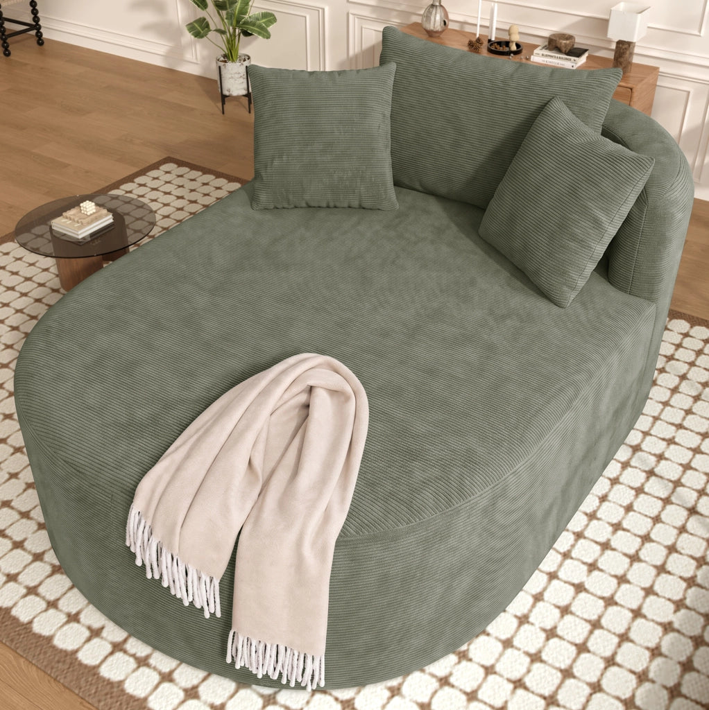 Poltrona relax ovale in tessuto a coste verde; 170 x 112;5 x 83 cm