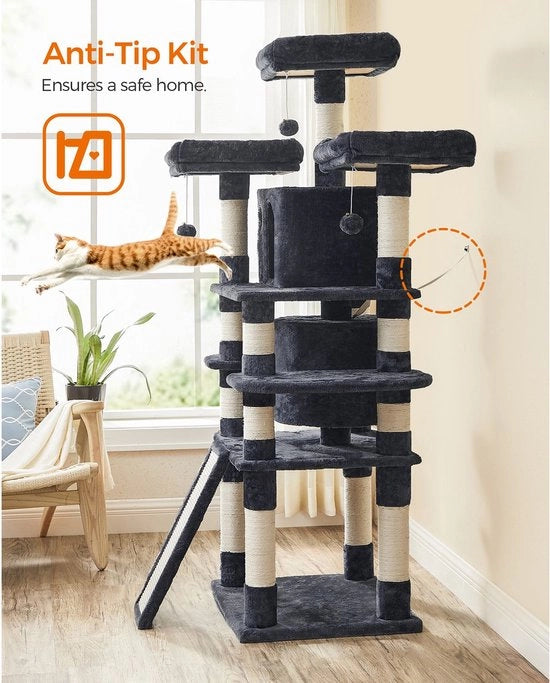 Cat Tree con 3 piattaforme di osservazione comode - gatto - gatto - giocattolo per gatti con 2 nicchie di abbraccio - paline di sisal spesse - piattaforma di arrampicata extra - Roccia grigia - 172 cm