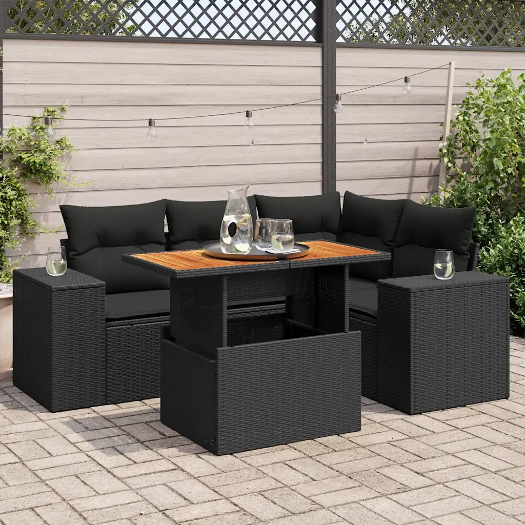 vidaXL Set Divani da Giardino 5 pz con Cuscini in Polyrattan Nero