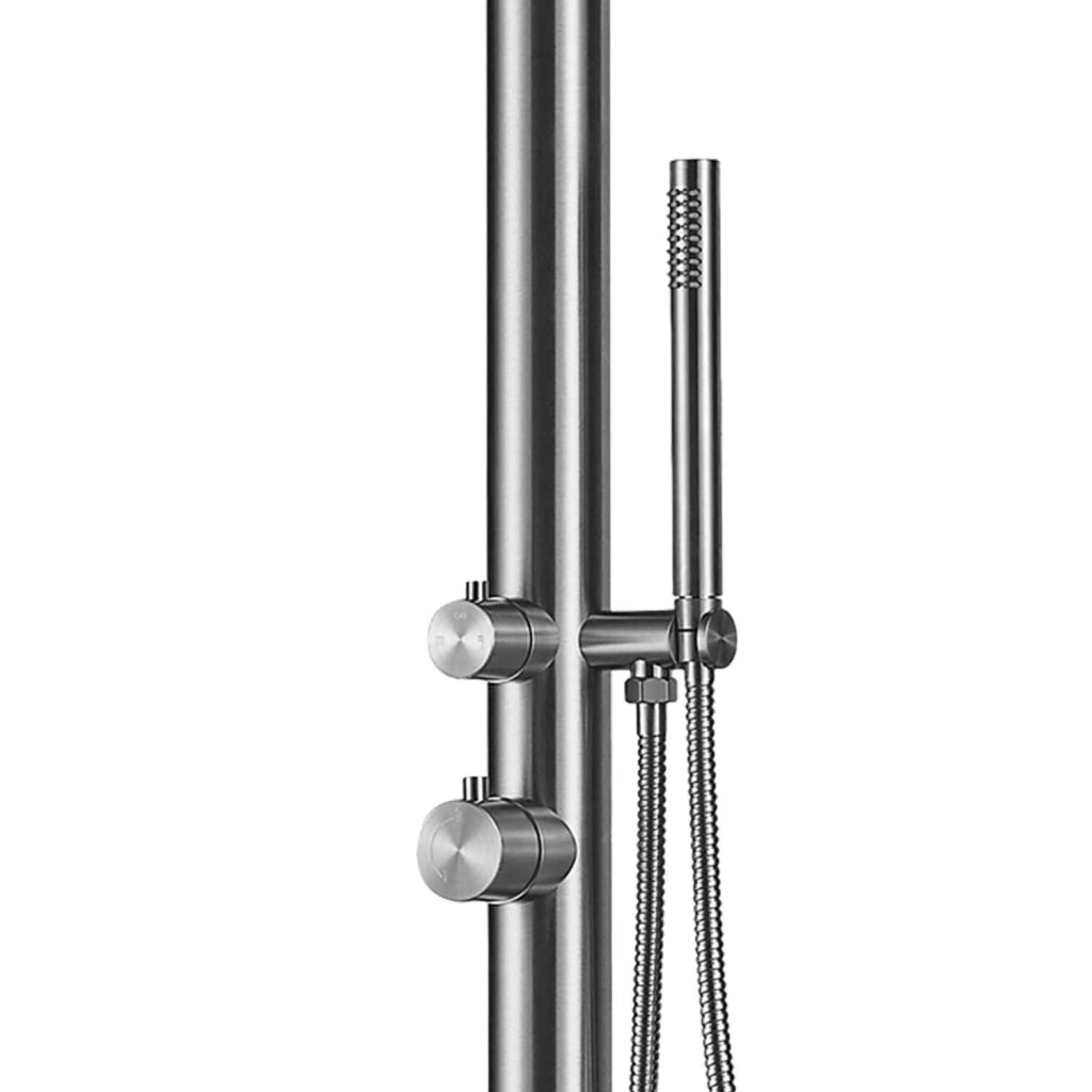 Sined Pula Doccia Da Giardino In Acciaio 316l Con Doccino h 230 Cm Inox Satinato Doccia Con Alimentazione Acqua Calda e Fredda