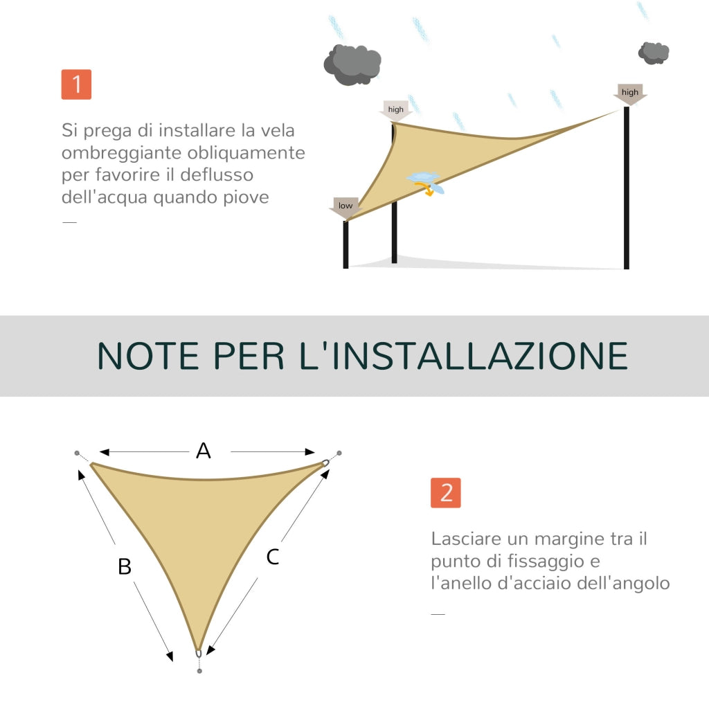 Tenda Parasole Triangolare Impermeabile in HDPE e Metallo, 3x3x3 m, color Ottone