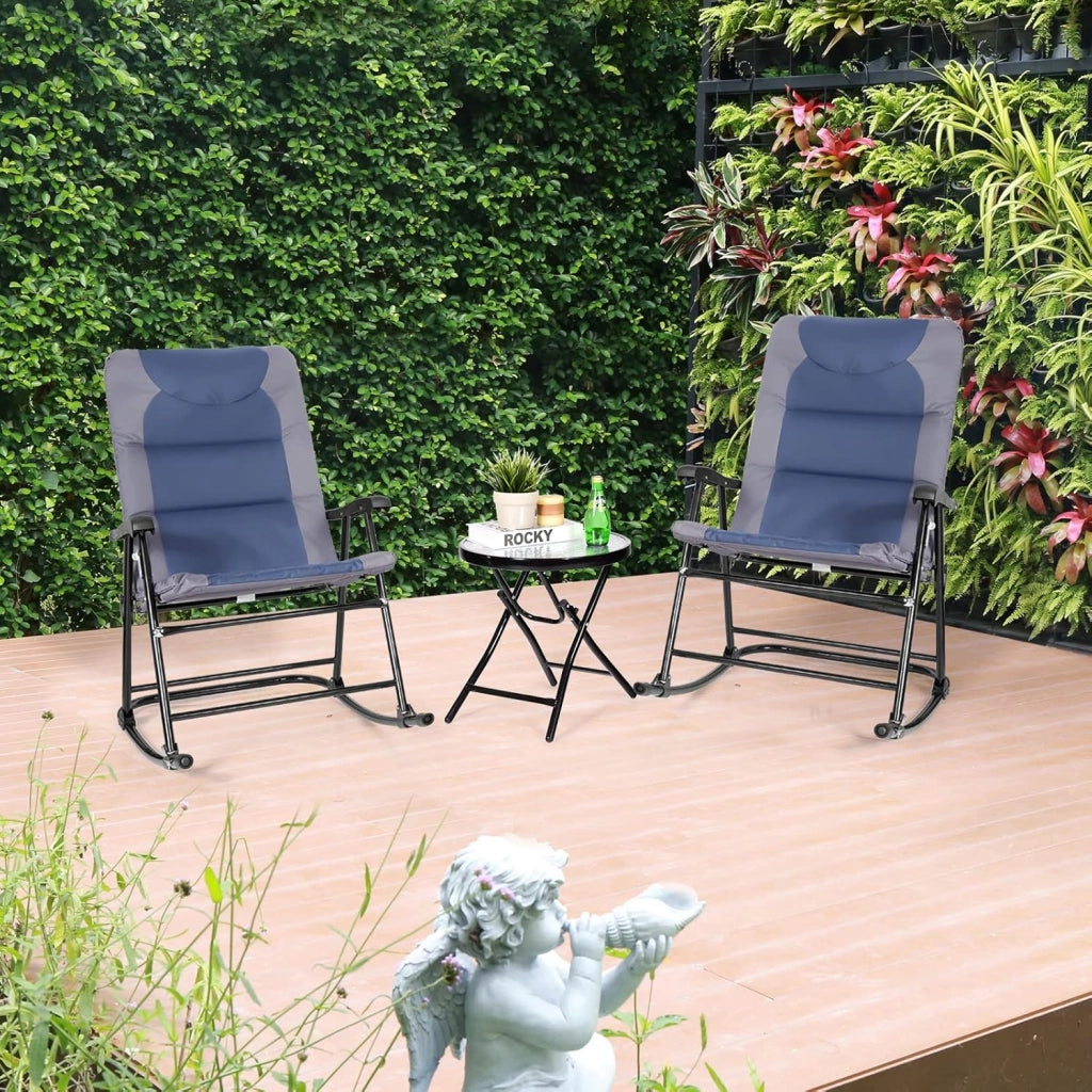 Set di sedie a dondolo pieghevoli, per balcone, set da 3 pezzi, con 1 tavolino e 2 sedie a dondolo, da giardino, per esterni, balcone, set per 2 persone, per balcone, giardino (blu)