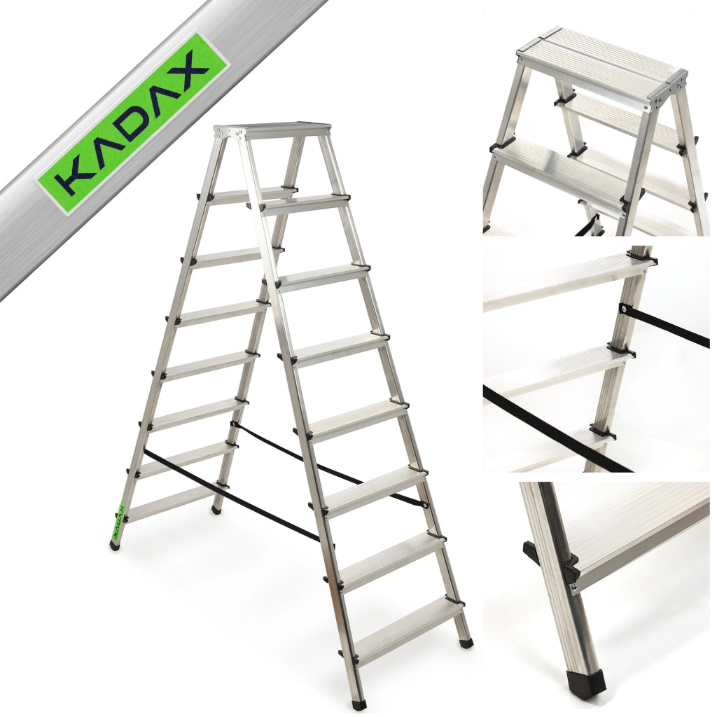 Scala domestica in alluminio KADAX a 8 gradini, pieghevole a doppia faccia, portata massima 125 kg.