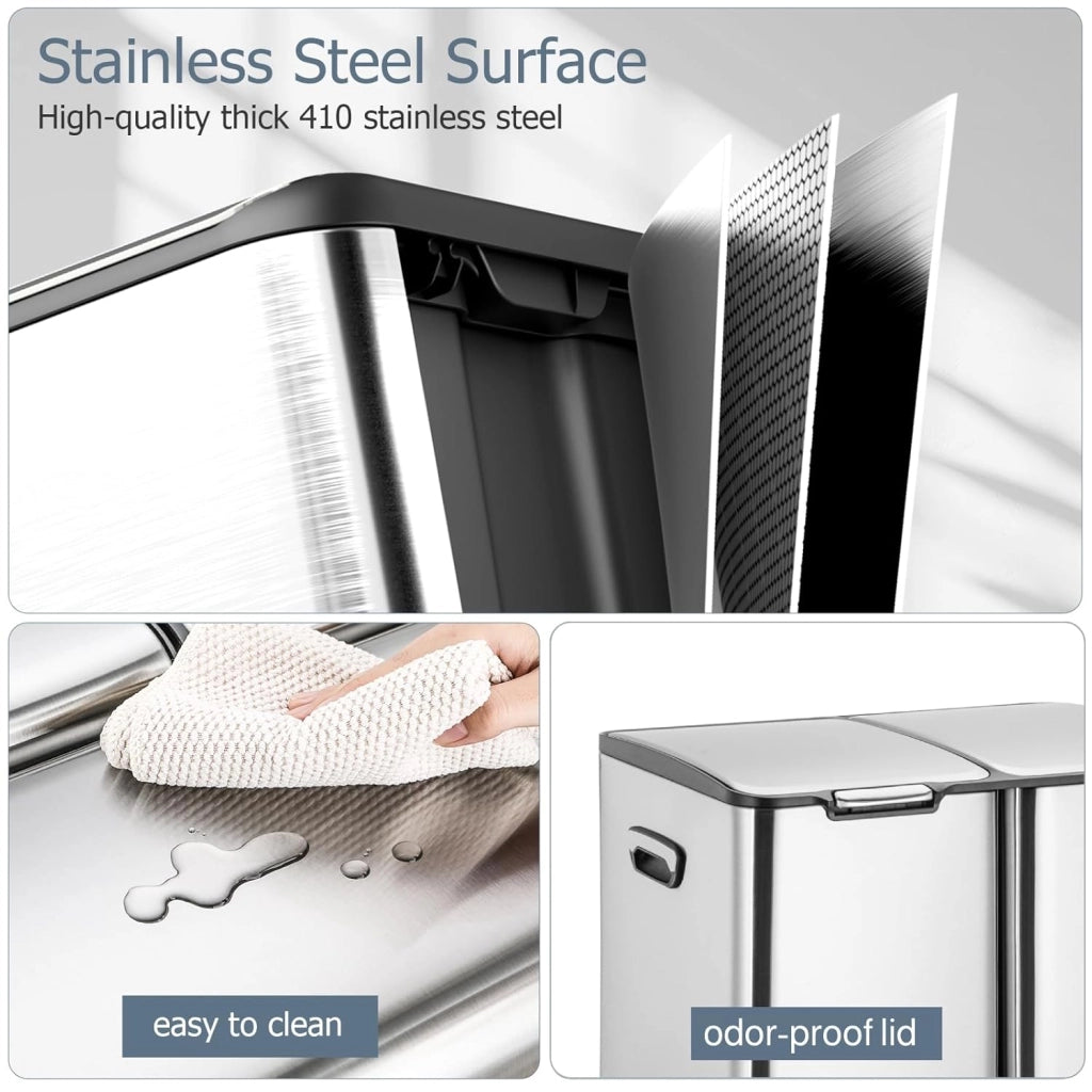 Pattumiera a 3 scomparti, sistema di raccolta differenziata da 60 l (30 + 17 + 13 L) con coperchio Softclose, pattumiera da cucina in acciaio inox, metallo, secchio interno rimovibile con