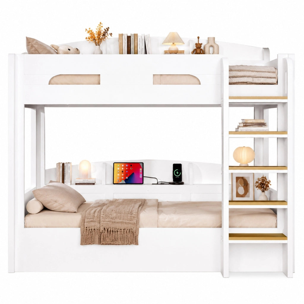 Letto a soppalco 90x200 cm con presa USB e ripiani laterali