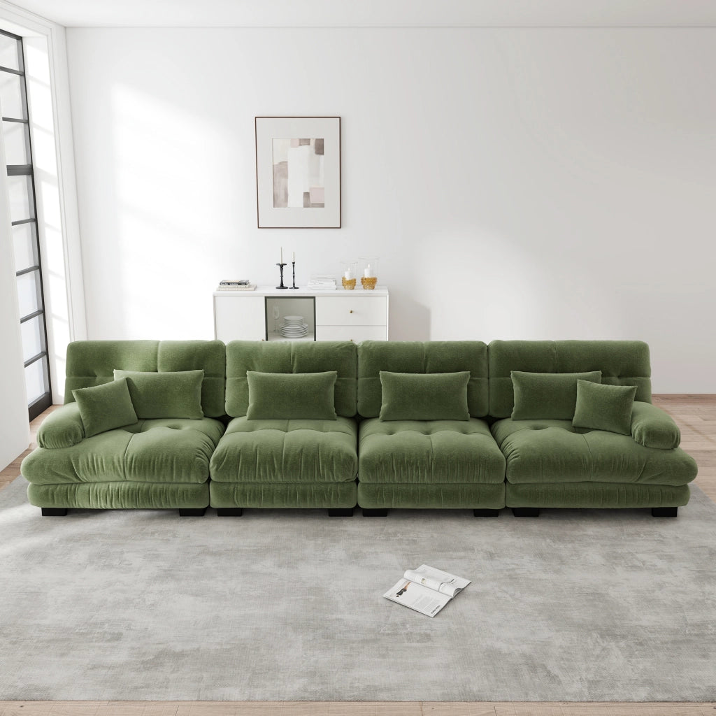 Divano angolare modulare in chenille con seduta profonda e cuscini decorativi per soggiorno verde 406 × 77 × 81 cm