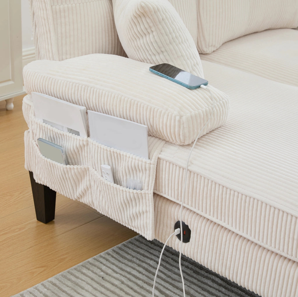 Divano a U 4 posti con doppia chaise longue; in tessuto effetto corda beige; 250x130x88 cm