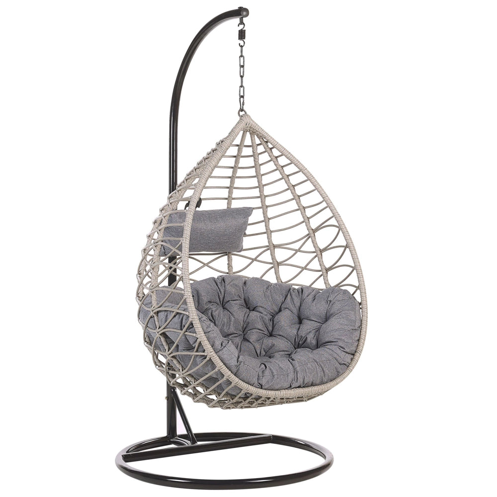 Sedia sospesa poltrona pensile in rattan grigio con struttura in metallo a forma di cestino per interni ed esterni Boho