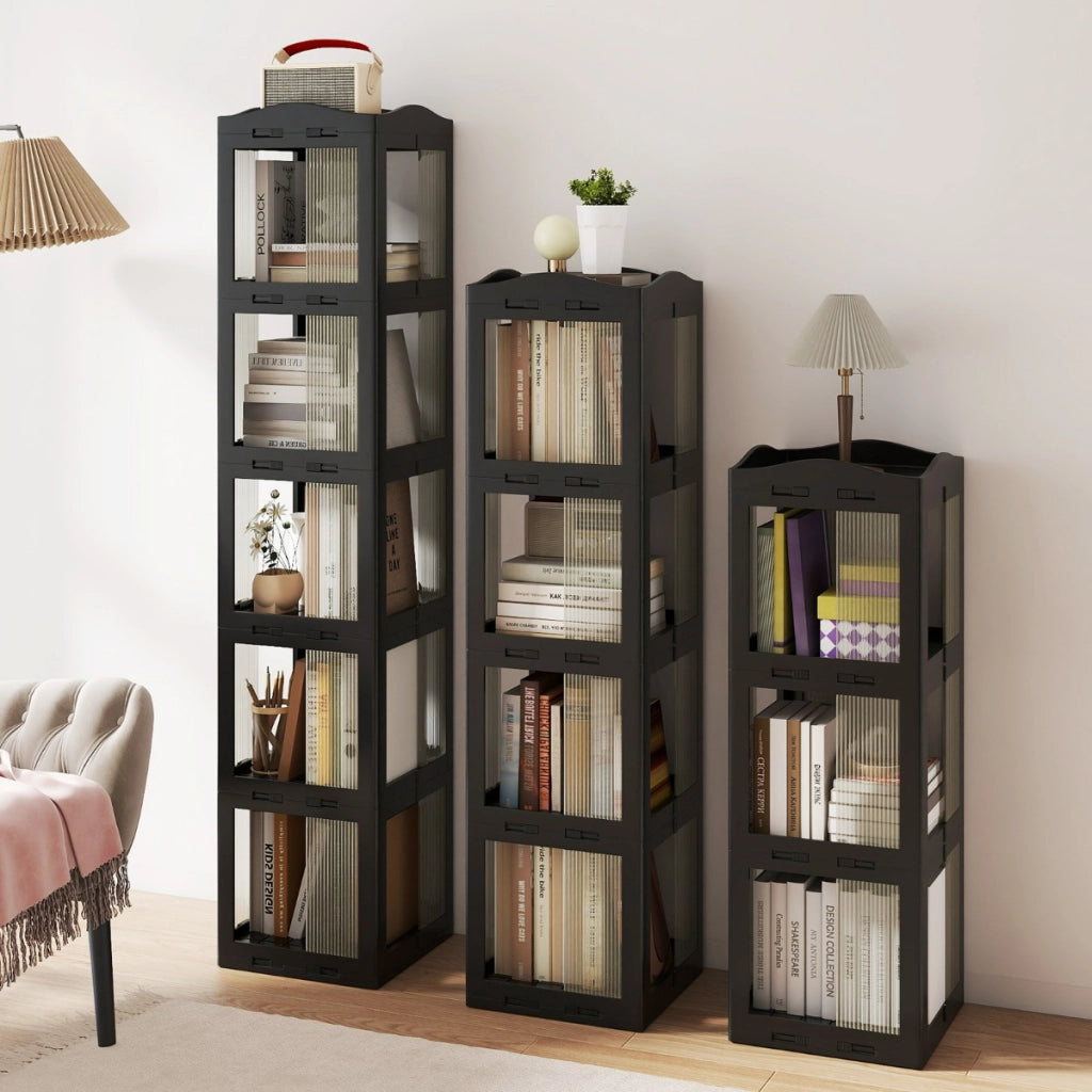 Libreria girevole pieghevole a 3 livelli per soggiorno e studio, Scaffale girevole a 360¡ã con base rotante per esposizione Nero-Librerie