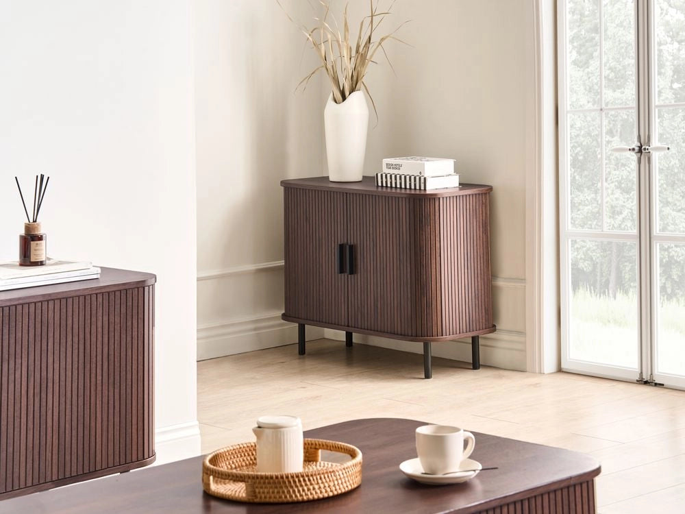 Credenza retrò ad ante scorrevoli MDF Gambe in metallo Legno scuro camera da letto soggiorno