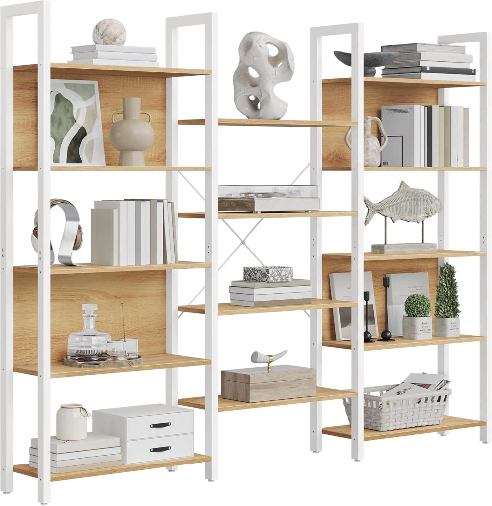 VASAGLE Libreria, Scaffale Portaoggetti, con 14 Ripiani, Struttura in Metallo, Soggiorno Studio Ufficio, Stile Industriale, 24 x 158 x 166 cm, Rovere Dorato e Bianco Opaco LLS107YA01