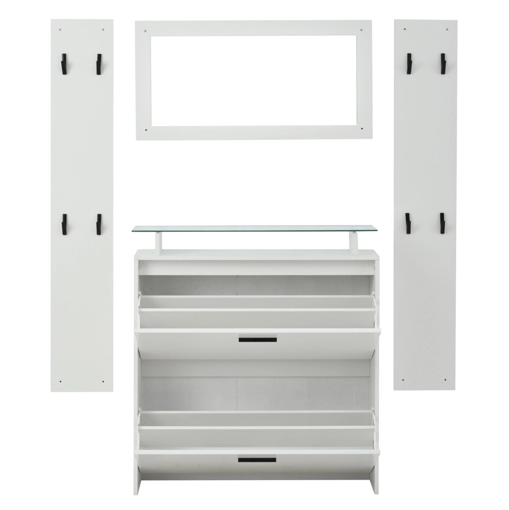 Set ingresso 4 pezzi con specchio e scarpiera 89;5x23x96;5 cm; bianco opaco e vetro