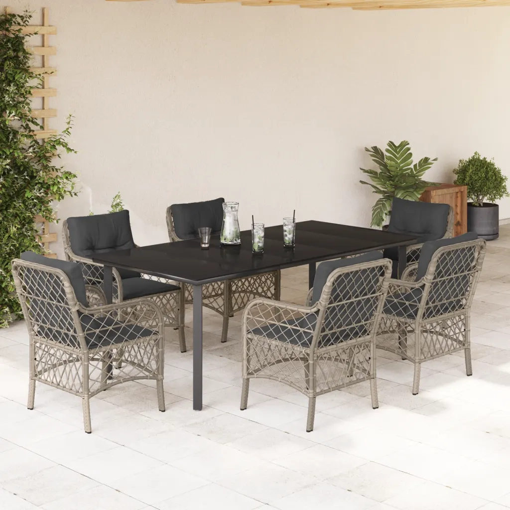 Set da Pranzo da Giardino 7 pz Cuscini Polyrattan Grigio Chiaro