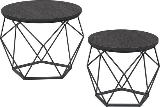 Tavolo da salotto rotondo, set da 2 tavoli da notte, Tavolo da notte, Stile moderno, Laminea rimovibile, Struttura in acciaio, per soggiorno, Grigio leggero e Nero di inchiostro