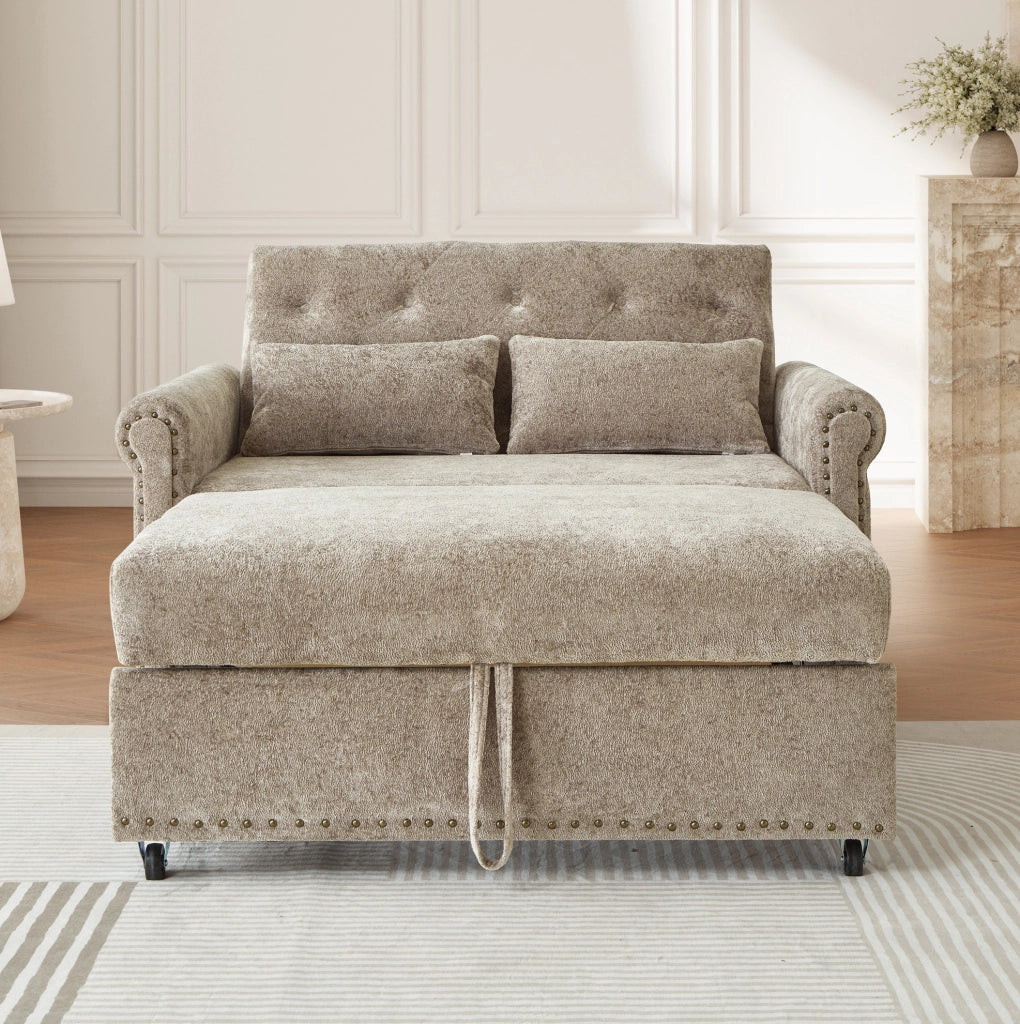 Divano letto 2 posti 170x98 cm trasformabile a 3 funzioni in chenille marrone grigio