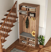 Mobile ingresso moderno con panca; 5 ganci; 4 vani aperti e illuminazione regolabile; 80x35x185 cm; bianco e naturale
