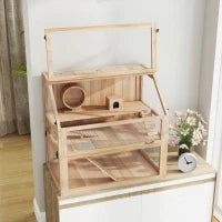 Gabbia per criceti a 3 livelli con fondo removibile e altalena, 80x50x76 cm, Legno naturale