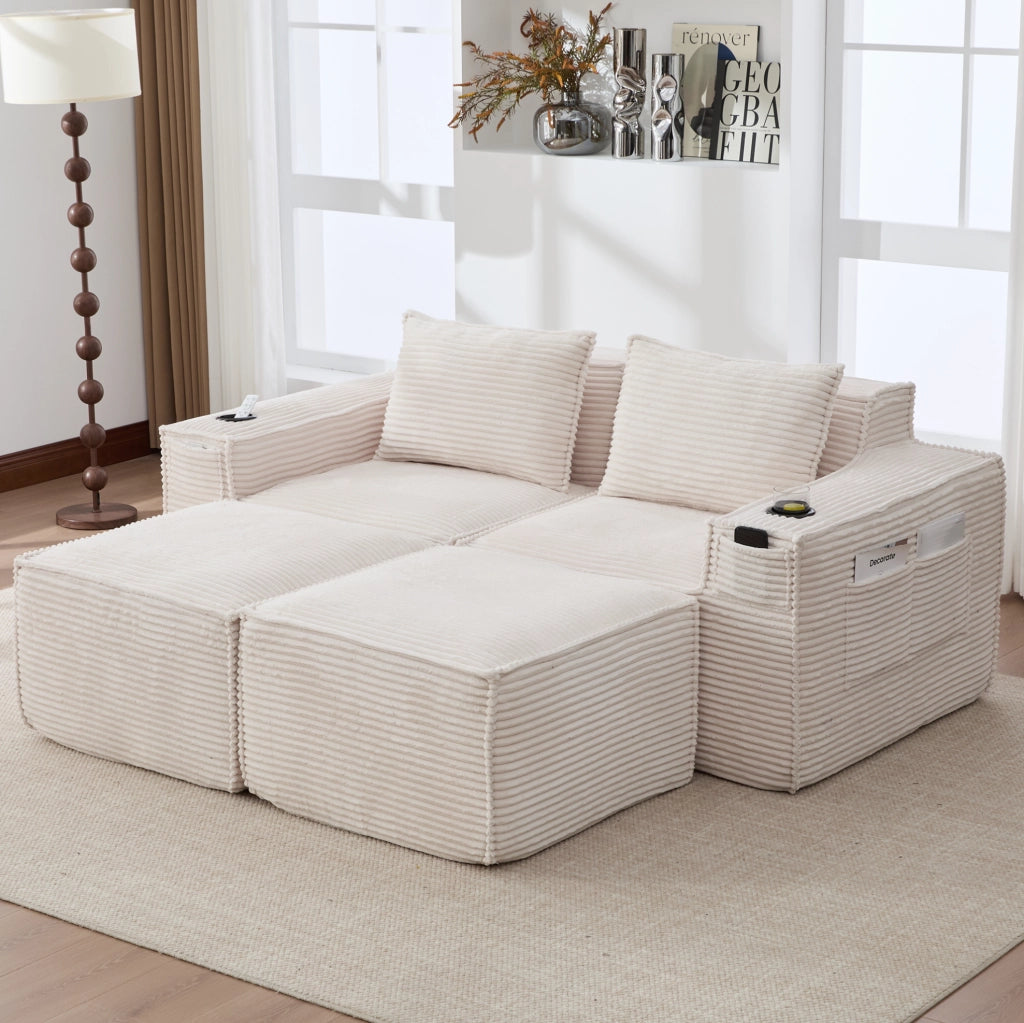 Divano modulare beige in velluto a coste con portabicchieri