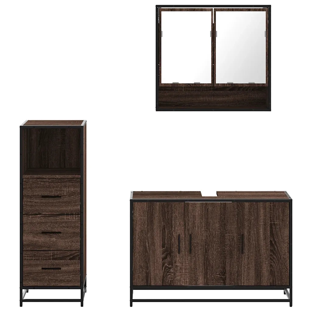 Set Mobili da Bagno 3 pz Rovere Marrone in Legno Multistrato