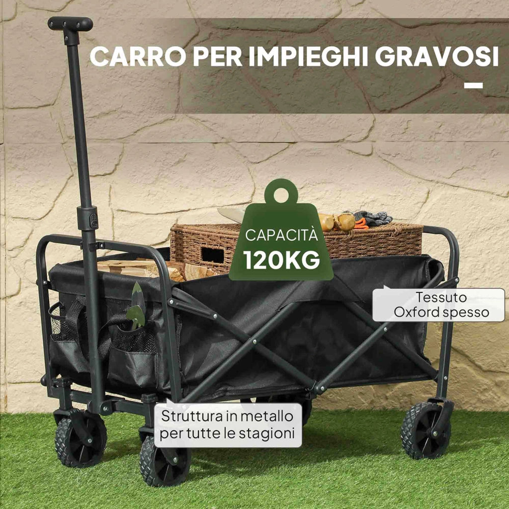 Carrello da Giardino 62L Pieghevole con Maniglia Regolabile, in Metallo e Tessuto Oxford, 76x48x86 cm, Nero