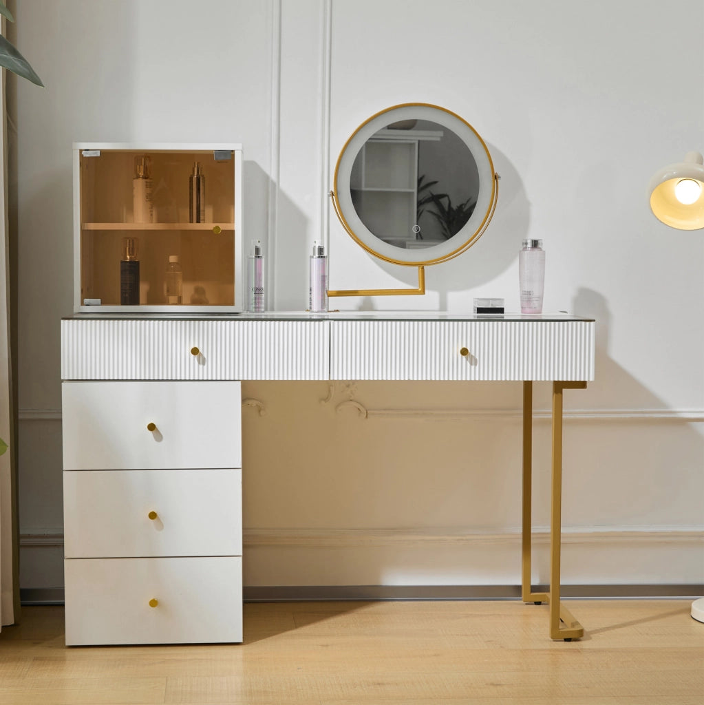 Tavolo da trucco 120x45x115 cm con specchio LED a 3 colori; piano in vetro; bianco e oro