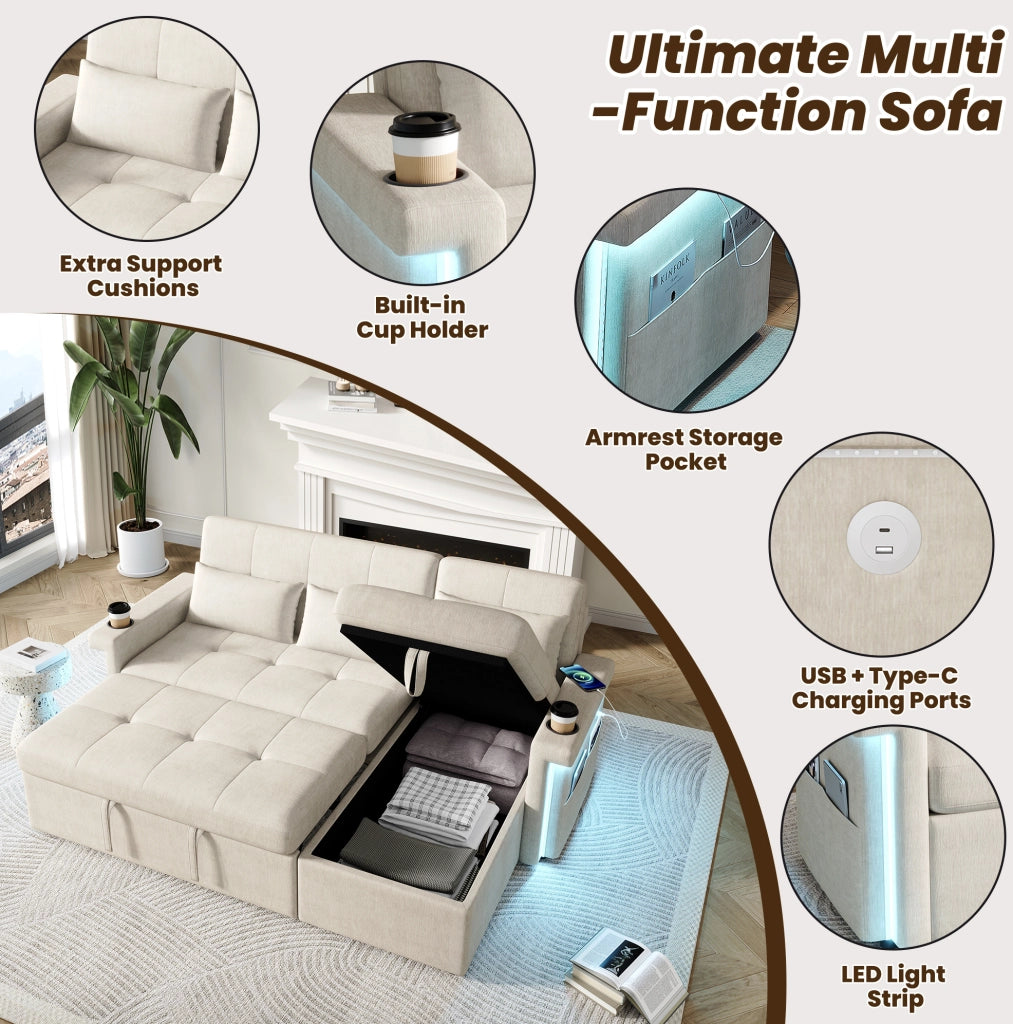 Divano letto angolare 209x141;5x90 cm in ciniglia beige con LED; USB/USB-C e contenitore