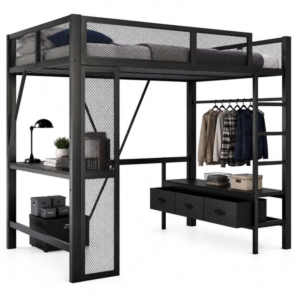 Letto a soppalco 140x200 cm nero – scrivania, contenimento e LED, senza materasso