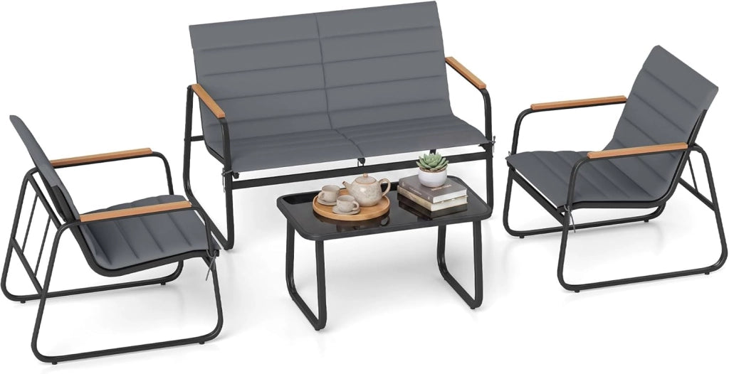 Set Mobili da Giardino 4 Posti con Tavolino e 2 Sedute, Sedie con Cuscini Rimovibili, Ideale per Balcone, Giardino e Piscina