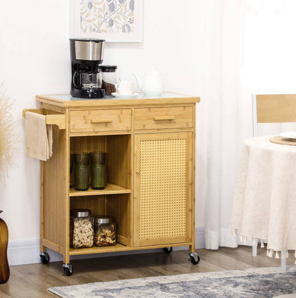 Carrello cucina 84x36x85 cm con piano in vetro; 2 cassetti; bambù naturale
