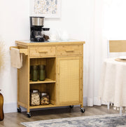 Carrello cucina 84x36x85 cm con piano in vetro; 2 cassetti; bambù naturale