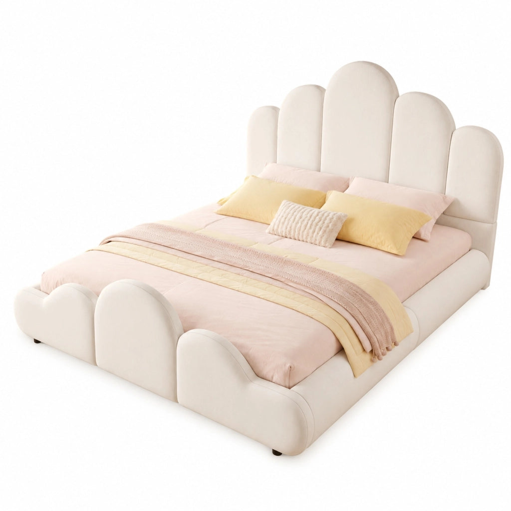Letto imbottito 140 x 200 cm in velluto beige con testiera imbottita e struttura a nuvola