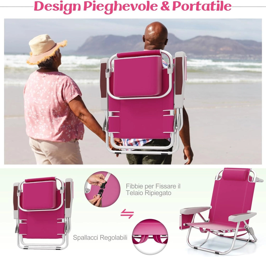 Sedia da Spiaggia, Sdraio Pieghevole a 5 Posizioni con Portabicchieri, Poltrona da Spiaggia con Cuscino per Testa e Zaino, Sedia da Campeggio Portatile, Portata 150 kg (Rosa,1)
