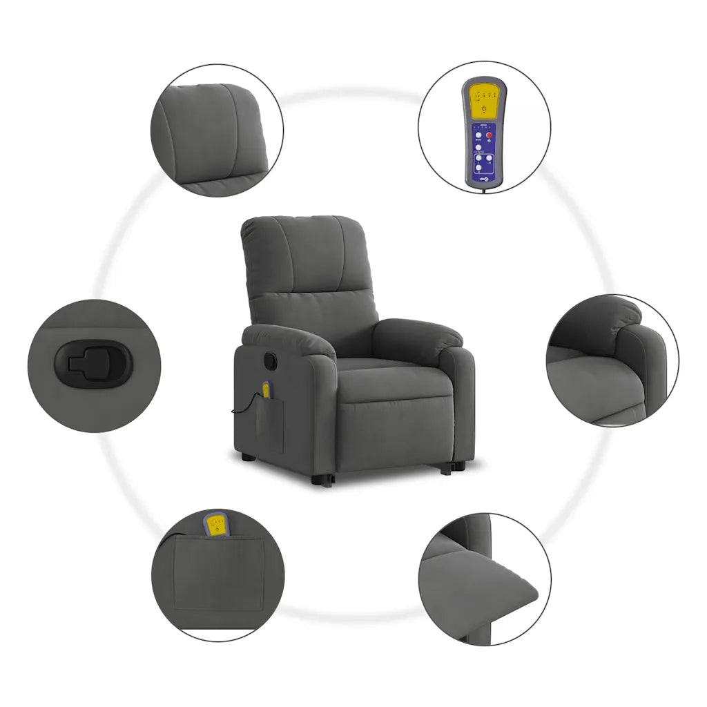 Poltrona | Sedia Relax a Rialzo Massaggi Reclinante Grigio Scuro Microfibra