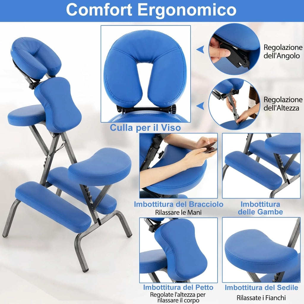 Sedia da Massaggio Pieghevole e Leggera, per Viaggi Tatuaggi e SPA, Sedia da Massaggio con Altezza Regolabile con Poggiatesta e Borsa da Trasporto (blu)