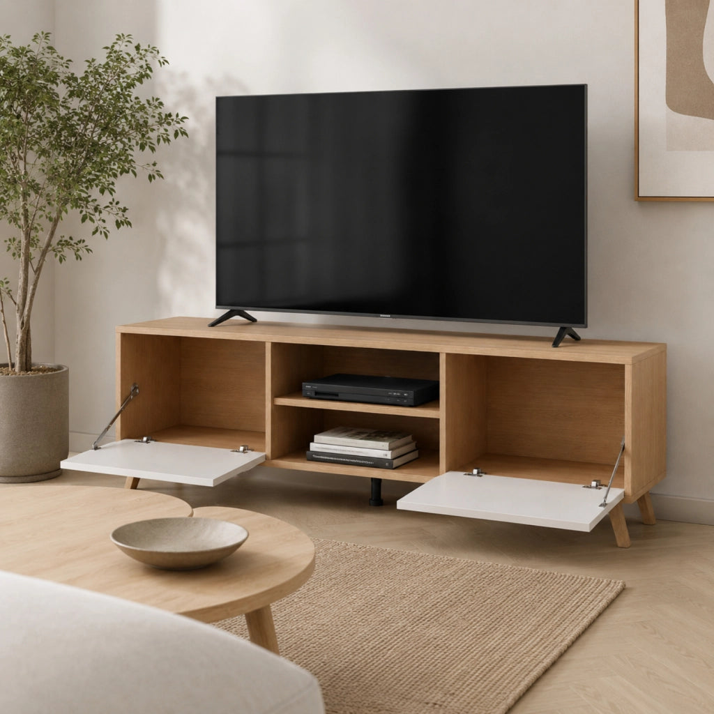 Mobile TV Contemporaneo Con 2 Ante Battenti Ripiani Centrali Aperti Gambe Design Scandinavo Per Televisori Fino A 75 Pollici 180 X 39,6 X 49 Cm Bianco E Rovere
