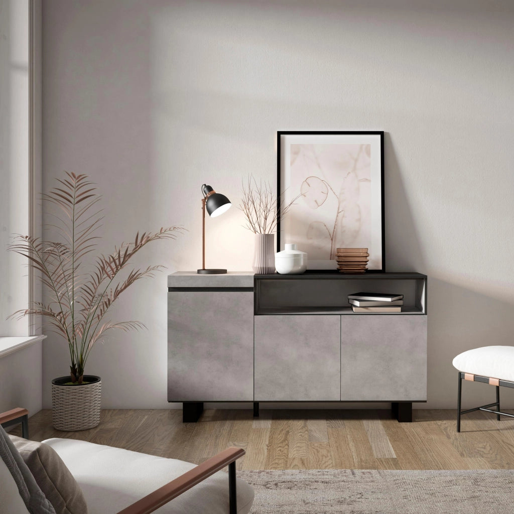 Credenza, Mobile, 150x35x87cm, 3 Porte, Design industriale, grigio cemento RF2497