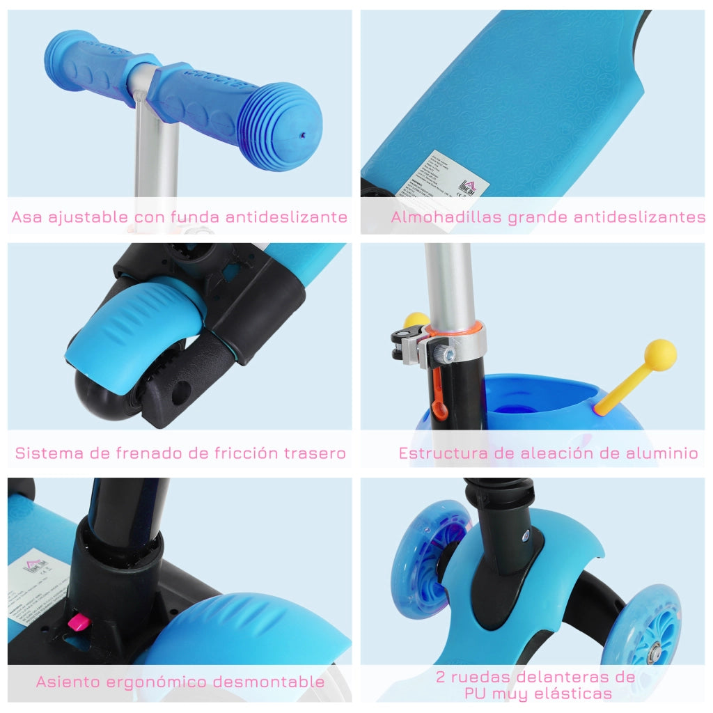 Patinete 3 in 1 per Bambini con Sedile Estraibile ¨C zephmum ¨C Blu 62x25x72,5 cm