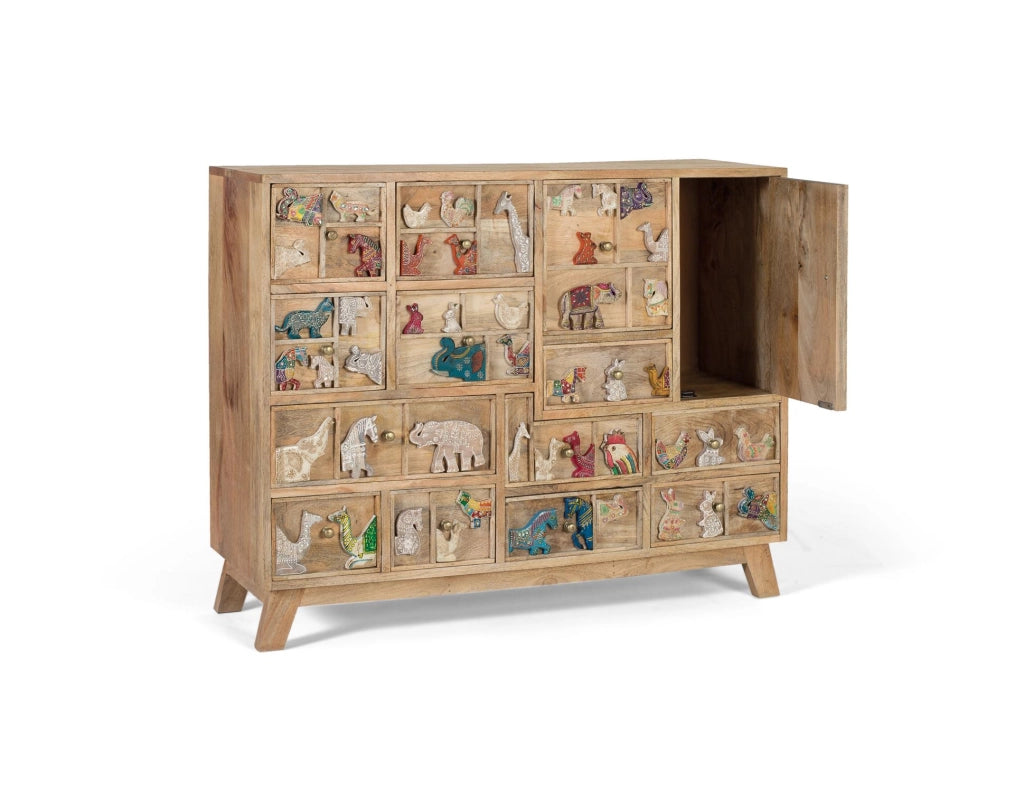 Cassettiera realizzata in legno di mango naturale con dettagli