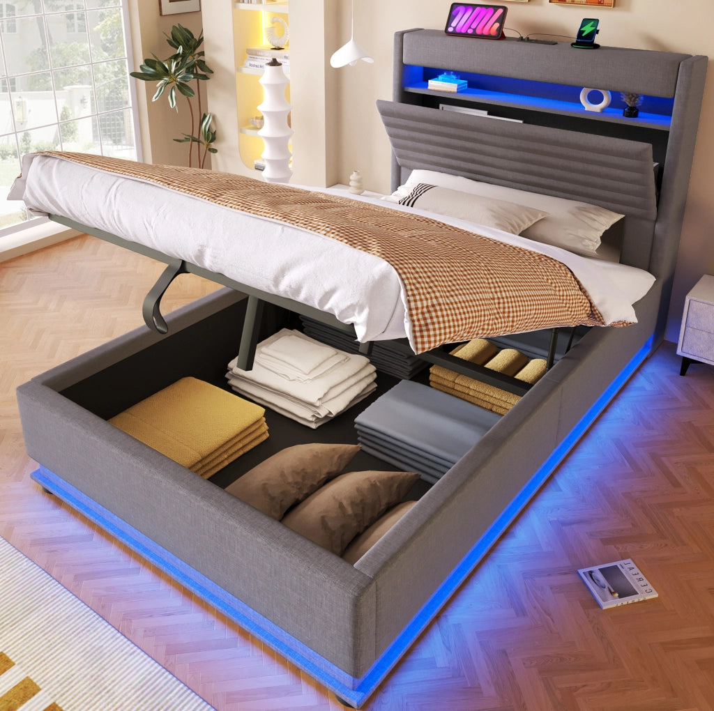 Letto imbottito 90x200 cm con contenitore; LED e ricarica USB Type-C in lino grigio