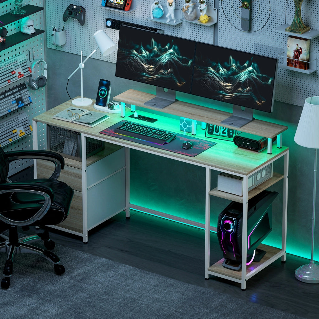 Scrivania con LED, Cassetti, Prese USB e Supporto Monitor ¨C zephmum ¨C Naturale 155.5x48x88.5 cm