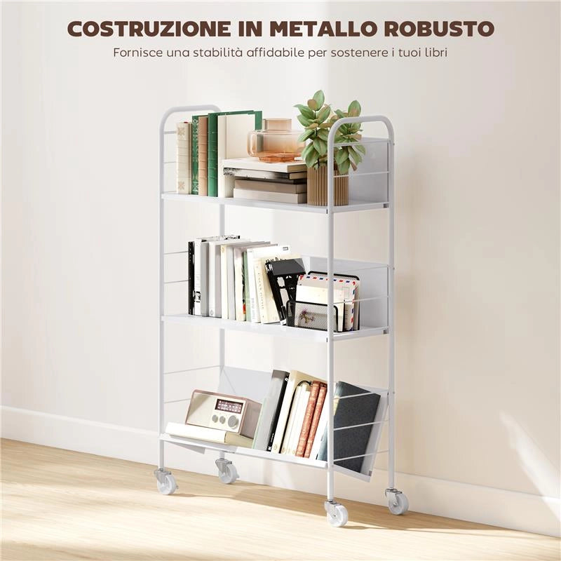 CARRELLO PORTALIBRI MODERNO A 3 LIVELLI CON RUOTE GIREVOLI PER LIBRI E RIVISTE, 69X26X108 CM, BIANCO