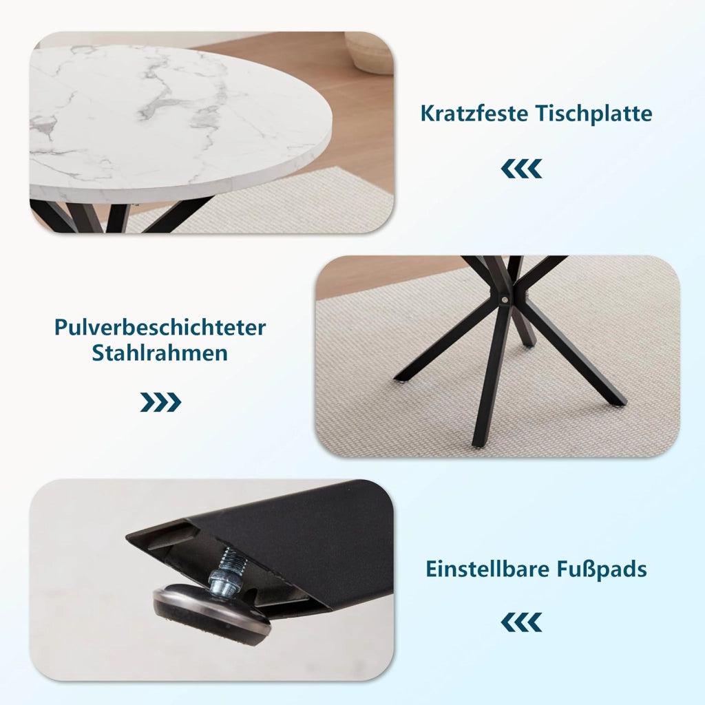 GrandCA HOME Set Tavolo e Sedie da Pranzo,Tavolo Rotondo Moderno da 100 Cm,4 Sedia da Pranzo In Velluto a Coste Traforato,adatto Per Cucina, Soggiorno, Caffetteria(Marmo Nero + Grigio)