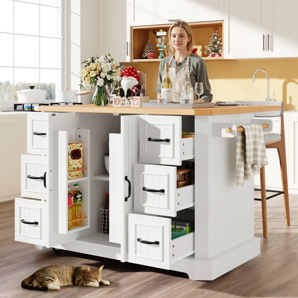 Isola Cucina Mobile con 2 Ante e 6 Cassetti ¨C MINIMAL ¨C Bianco/Nero, 120x45x91 cm