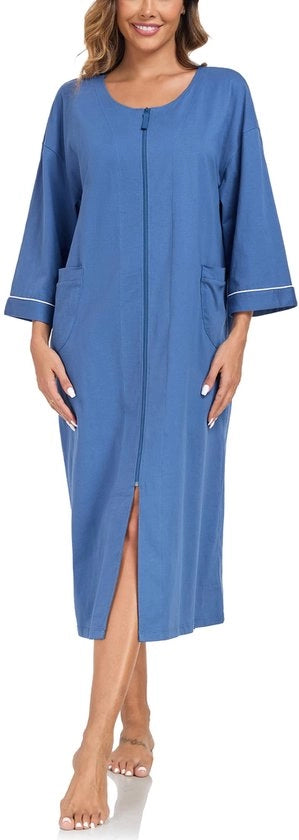 Badia da bagno donna con cerniera, 100% cotone, giacca da camera leggera, giacca da donna, lunga con tasche, taglia M-XXL (blu, XL)