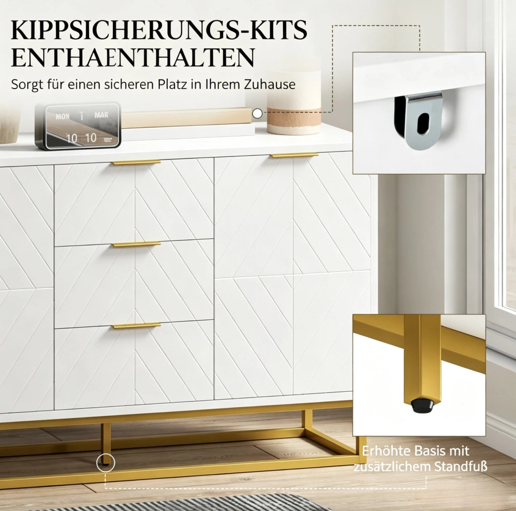 Credenza con 2 ante; 3 cassetti e ripiani regolabili 120x40x76 cm MDF bianco e oro
