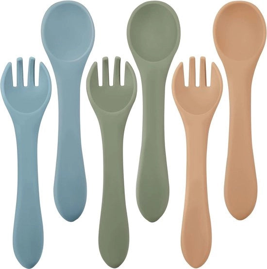Set di silicone per bambini - 6 pezzi - forchette e cucchiai - accessori per la sicurezza - primo passo per la sicurezza - caldo - utensili da mini uso - oltre 6 mesi - colore naturale