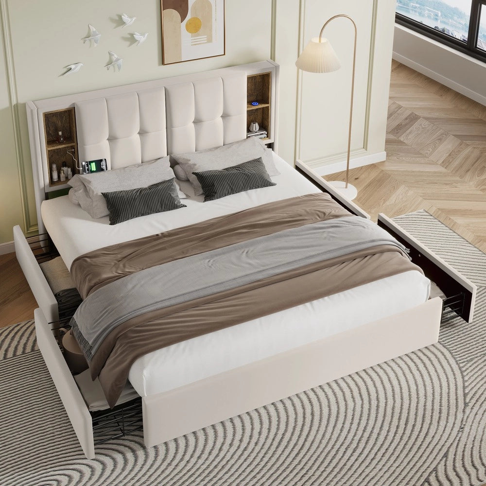 Letto Matrimoniale Imbottito con Materasso ¨C MINIMAL ¨C 160x200 Velluto Beige, 4 Cassetti, Rete a Doghe