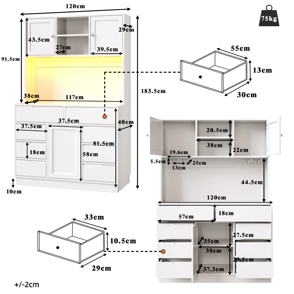 OKWISH Credenza Alta da Cucina con 8 Cassetti, Ripiani Regolabili, LED e Chiusura Magnetica, Bianco, 120×40×183.5 cm